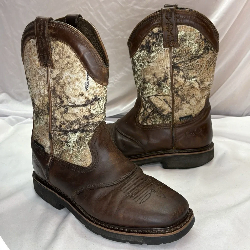 Cabela's Camo Western Work Boots Men's Size 9 D Leather Square Toe 82-5519